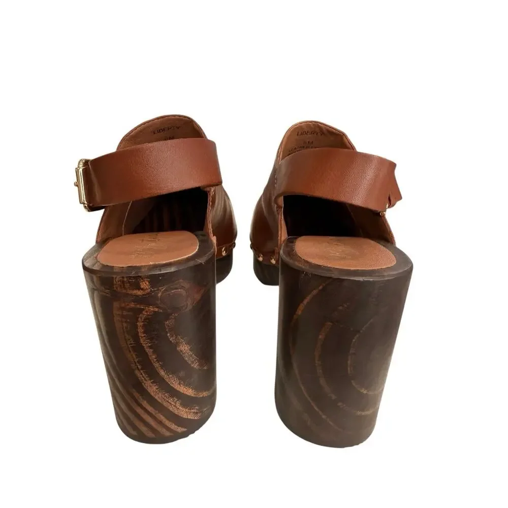 Matisse Brown Leather Platform Clogs LIBERTY Gold Studded Wood Heel Mule Size 8M - Picture 4 of 13